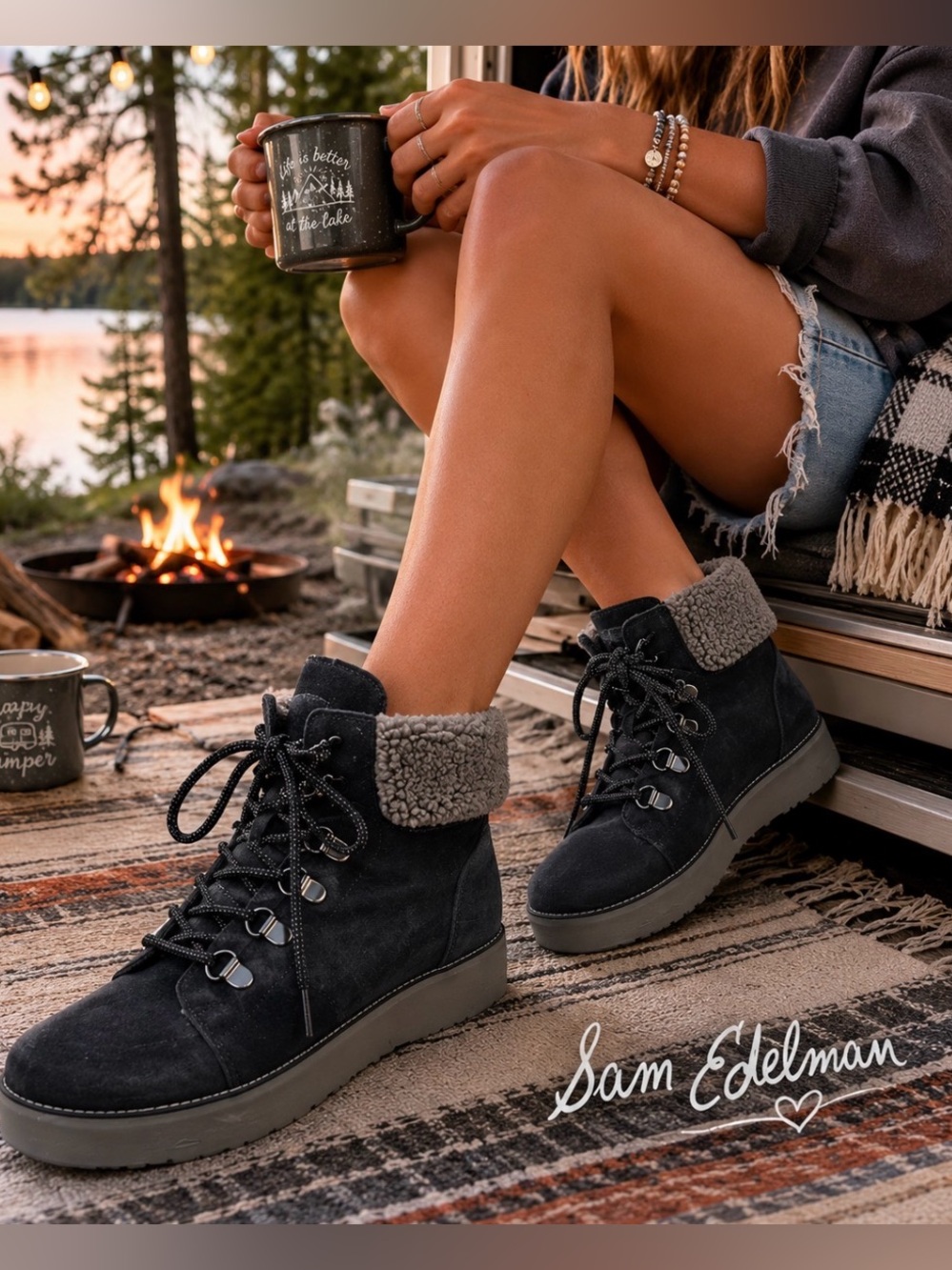 SAM EDELMAN Franc Black Suede Hiking Boots Size 9